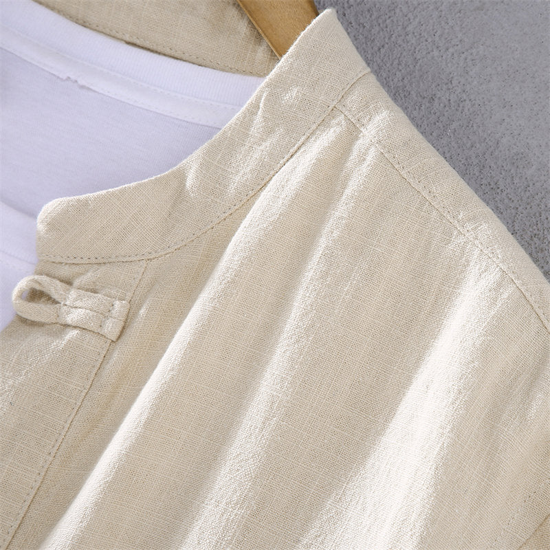 Stand Collar Cotton Linen Long Sleeve Shirt