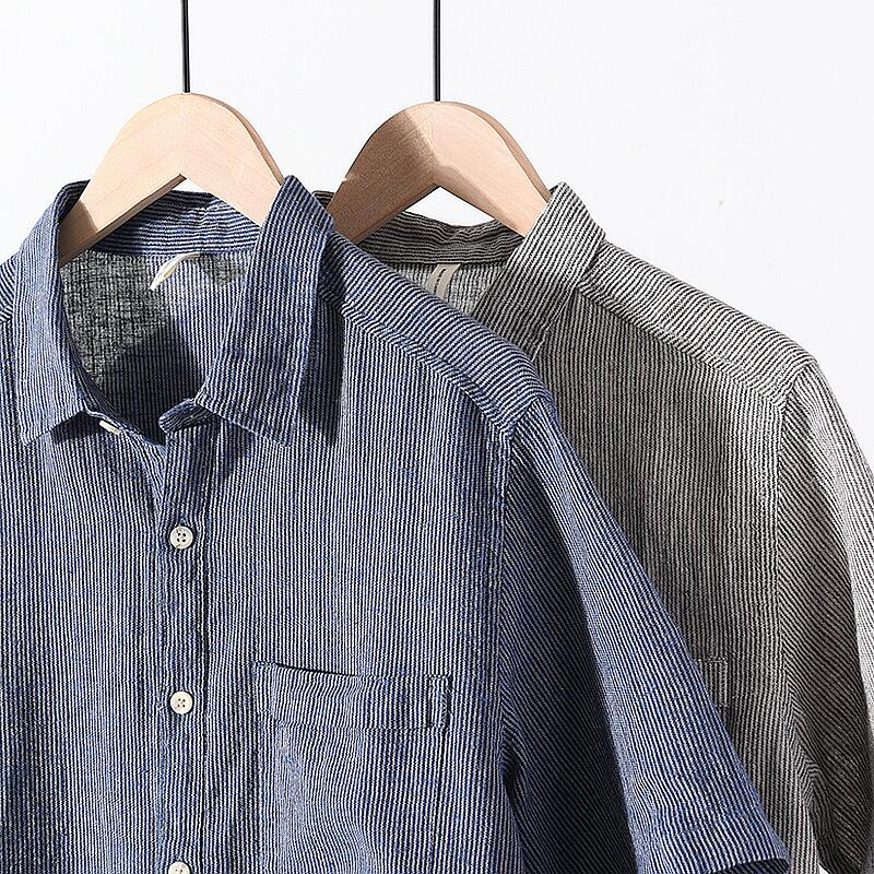 Striped Short Sleeve Shirt - Square Collar, Cotton Linen