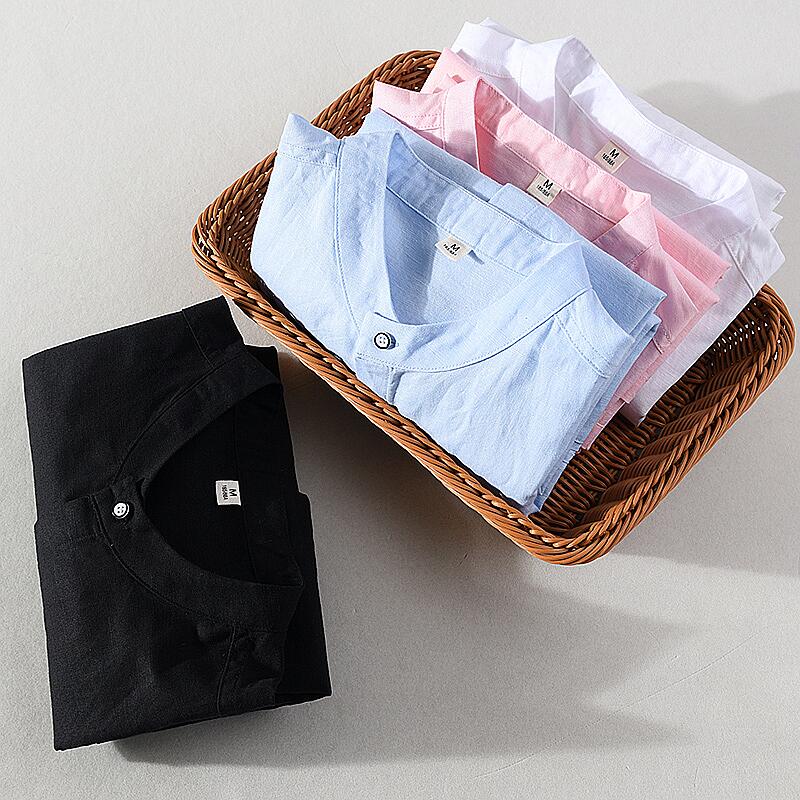 Cotton Linen Stand Collar Long Sleeve Shirt